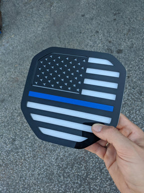 American Flag Badge - Fits 2019-2023 (5th Gen) Dodge® Ram® Tailgate -1500, 2500, 3500 - Black on White with Thin Blue Line