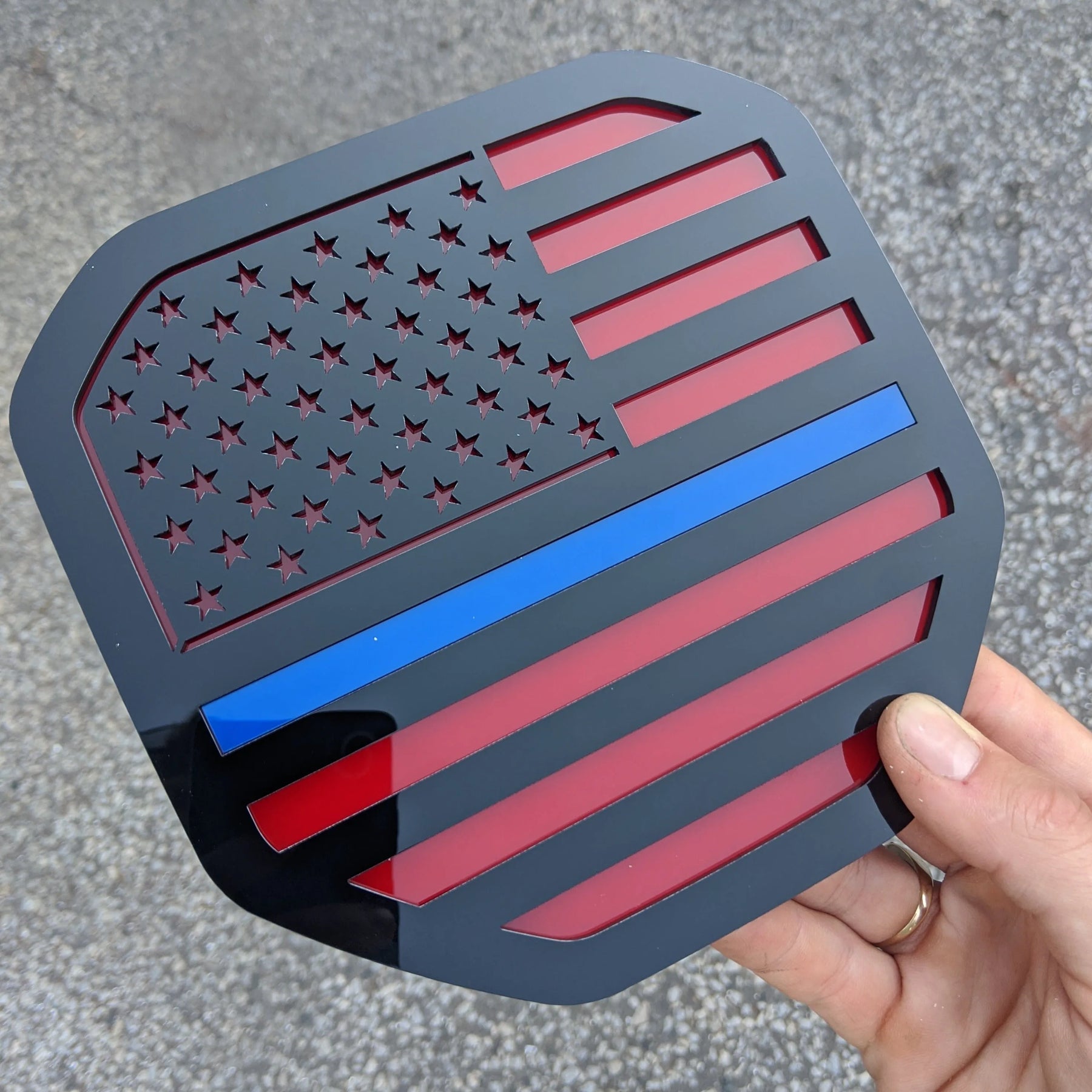 American Flag Badge - Fits 2019-2023 (5th Gen) Dodge® Ram® Tailgate -1500, 2500, 3500 - Black on Red with Thin Blue Line