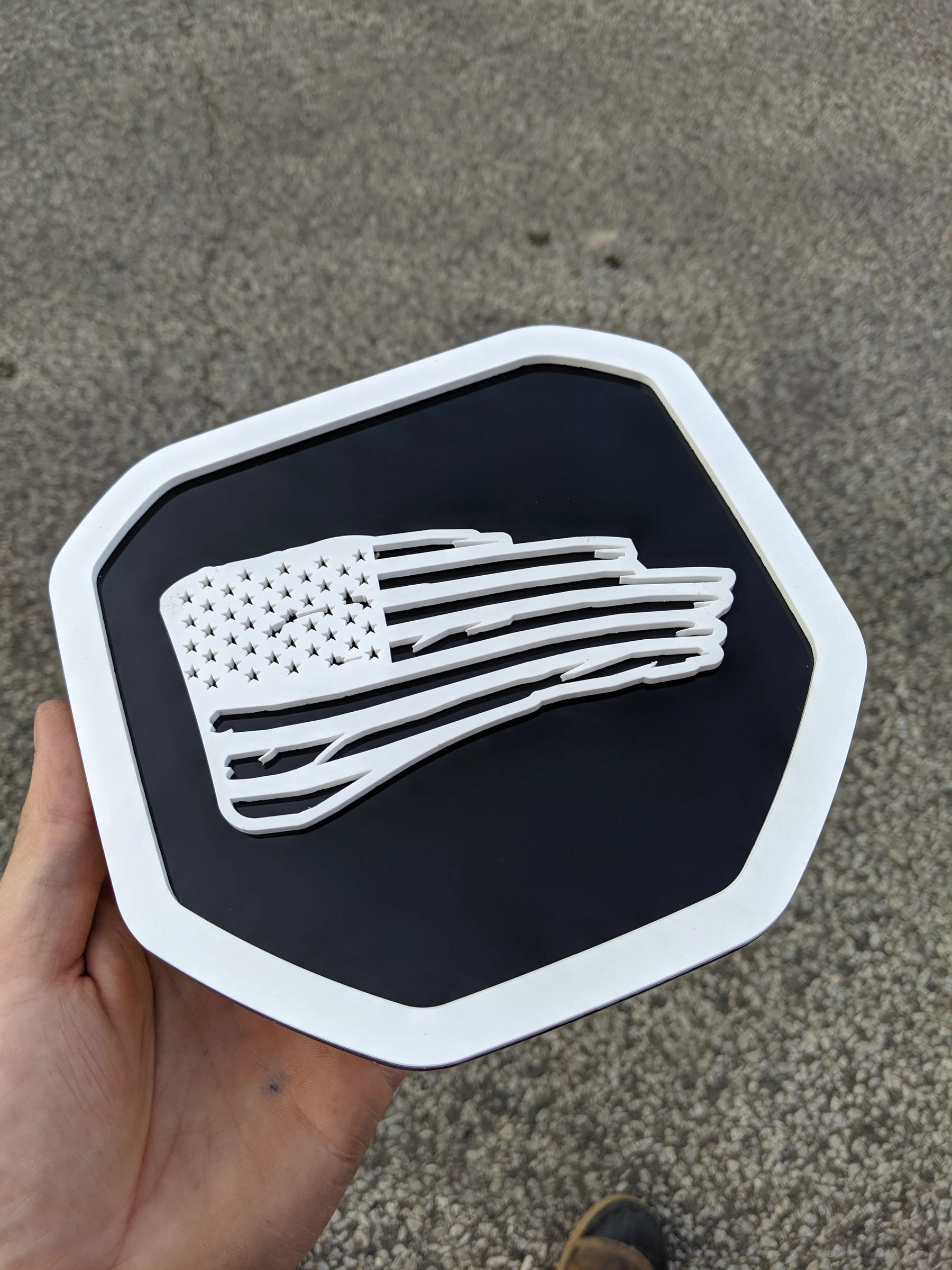 Tattered American Flag Badge - Fits 2019-2023 (5th Gen) Dodge® Ram® - 1500, 2500, 3500 -White on Black