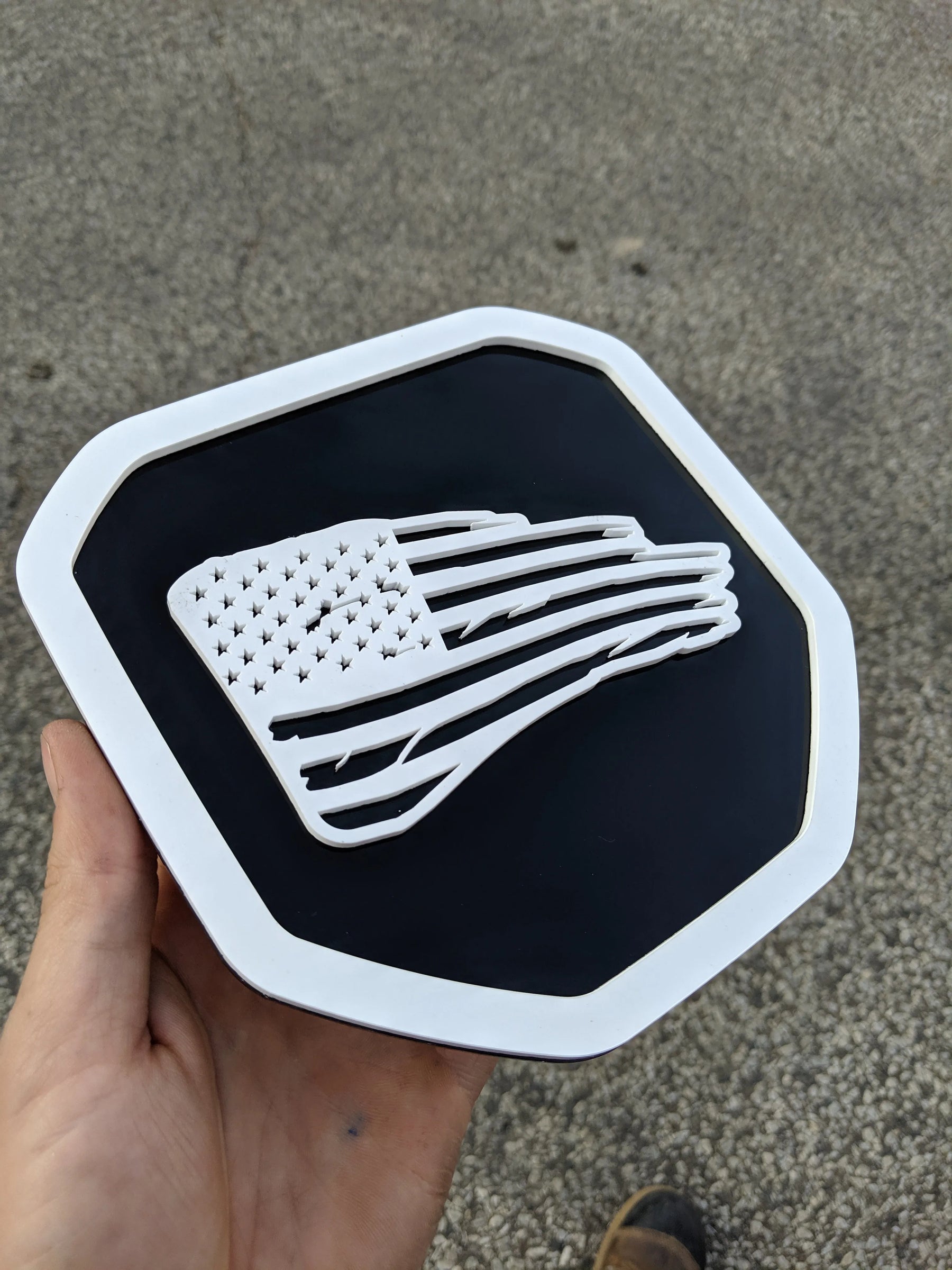 Tattered American Flag Badge - Fits 2019-2023 (5th Gen) Dodge® Ram® - 1500, 2500, 3500 -White on Black