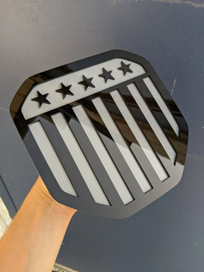 Vertical American Flag Badge - Fits 2019+ (5th Gen) Dodge® Ram® Tailgate -1500, 2500, 3500 - Black on Gray
