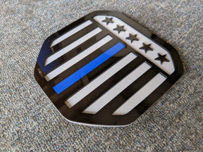 Vertical American Flag Badge - Fits 2019+ (5th Gen) Dodge® Ram® Tailgate -1500, 2500, 3500 - Black on Gray w/Thin Blue Line