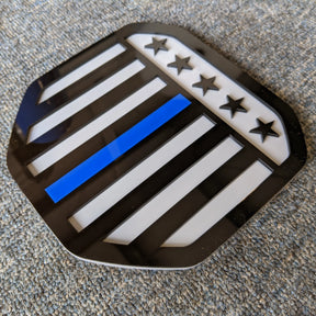 Vertical American Flag Badge - Fits 2019+ (5th Gen) Dodge® Ram® Tailgate -1500, 2500, 3500 - Black on Gray w/Thin Blue Line