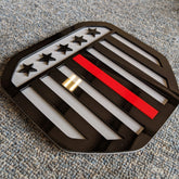 Vertical American Flag Badge - Fits 2019-2023 (5th Gen) Dodge® Ram® Tailgate -1500, 2500, 3500 - Black on Gray w/Thin Red Line