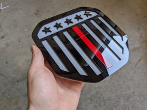 Vertical American Flag Badge - Fits 2019-2023 (5th Gen) Dodge® Ram® Tailgate -1500, 2500, 3500 - Black on Gray w/Thin Red Line