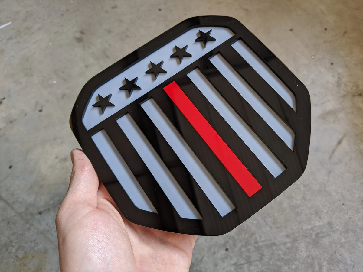 Vertical American Flag Badge - Fits 2019+ (5th Gen) Dodge® Ram® Tailgate -1500, 2500, 3500 - Black on Gray w/Thin Red Line