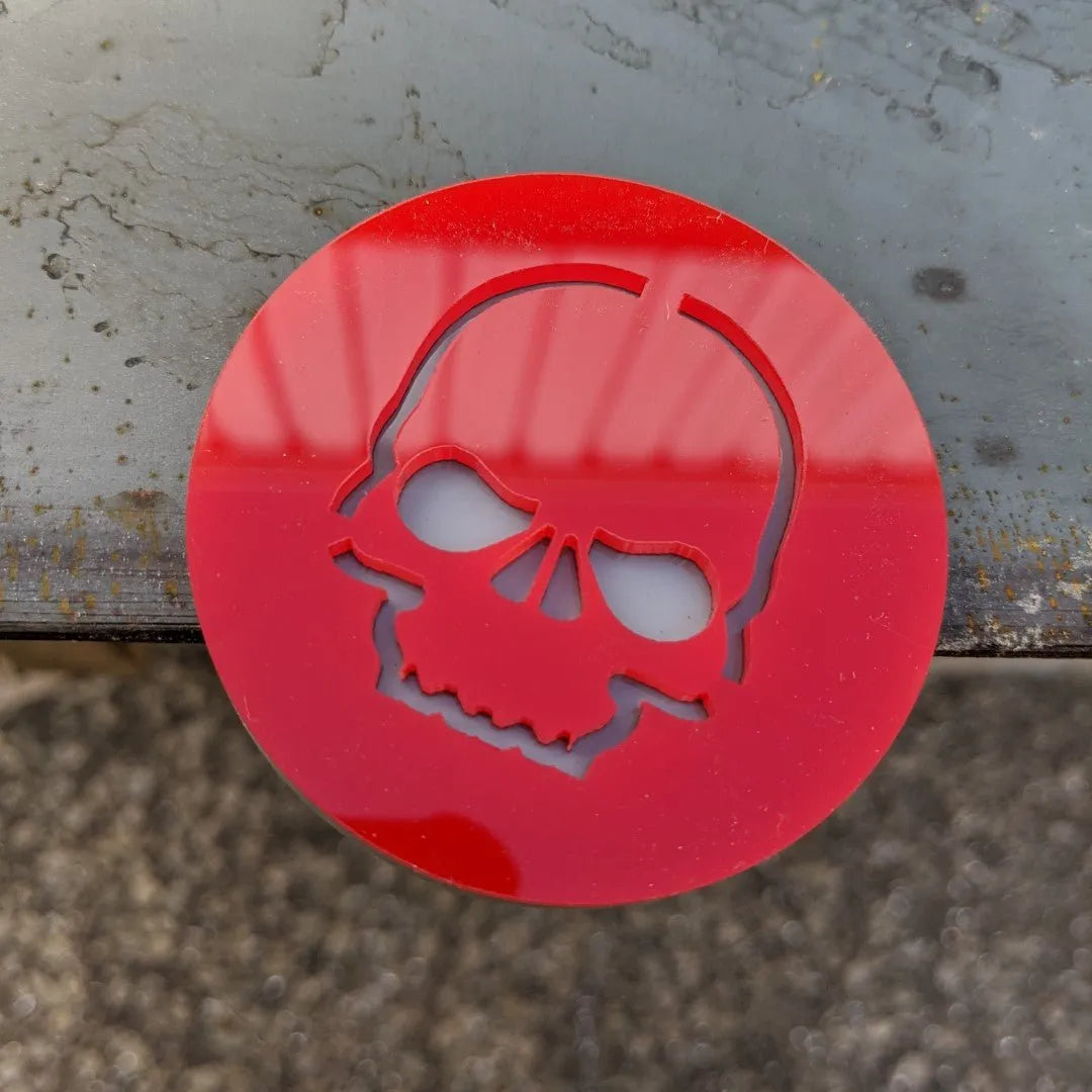 Skull Badge - Jeep® Trail Rated® Replacement Badge - Red on Gray