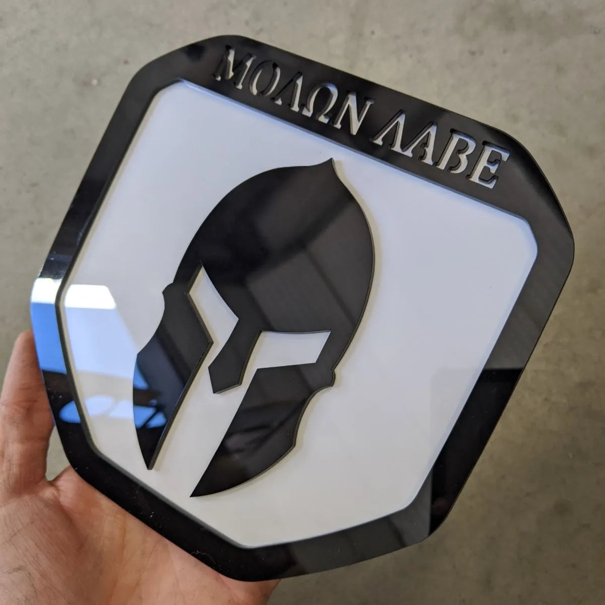 Molon Labe Badge - Fits 2019+ (5th Gen) Dodge® Ram® Tailgate -1500, 2500, 3500 - Black on White