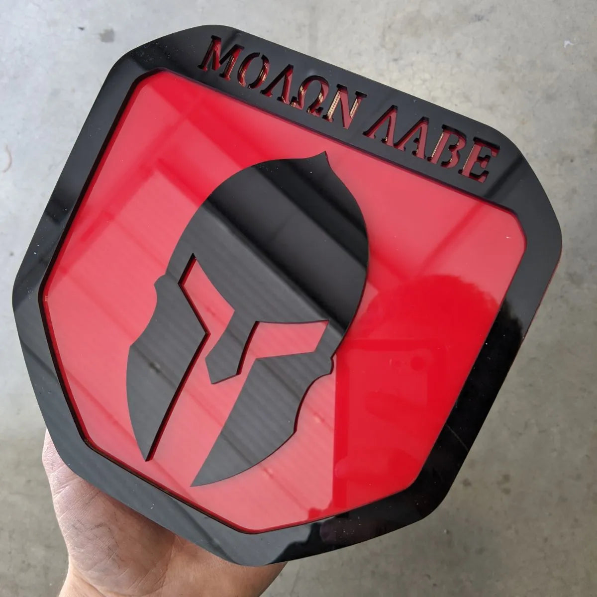 Molon Labe Badge - Fits 2019+ (5th Gen) Dodge® Ram® Tailgate -1500, 2500, 3500 - Black on Red