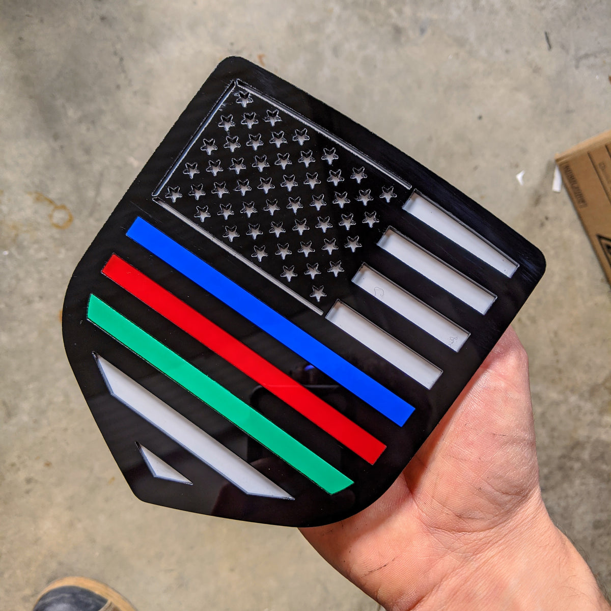 American Flag Badge - Fits 2009-2018 Dodge® Ram® Tailgate - Black on White w/ Thin Blue, Red, and Green Lines
