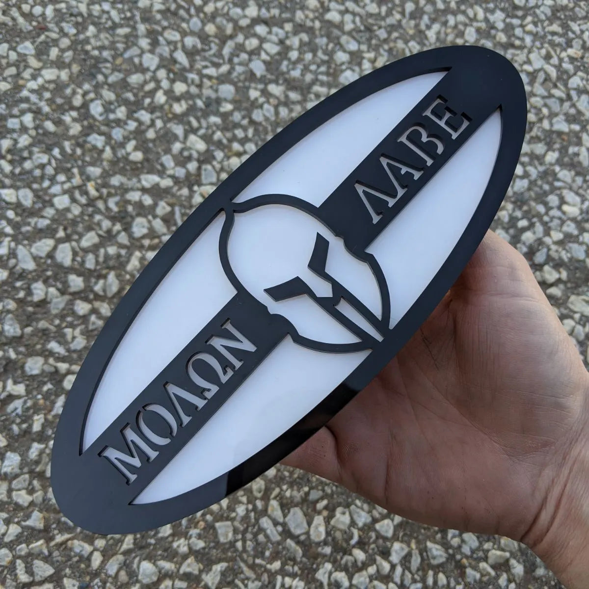 Molon Labe Oval Badge - 9 inch - Black on White (Multiple Vehicles)