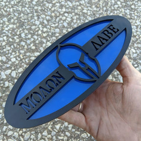 Molon Labe Oval Badge - 9 inch - Black on Blue (Multiple Vehicles)