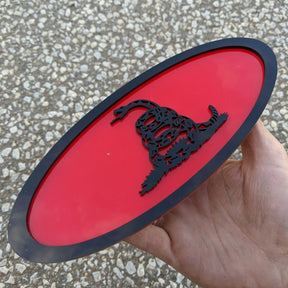 Don't Tread on Me Oval Badge - 9 inch - Black on Red (Multiple Vehicles)