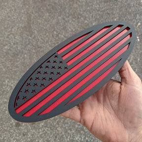 American Flag Oval Badge - 9 inch - Matte Black on Red (Multiple Vehicles)