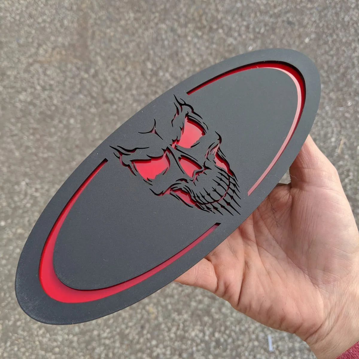 Skull Oval Badge - Fits 2015-2019 F150® Grille or Tailgate - Matte Black on Red