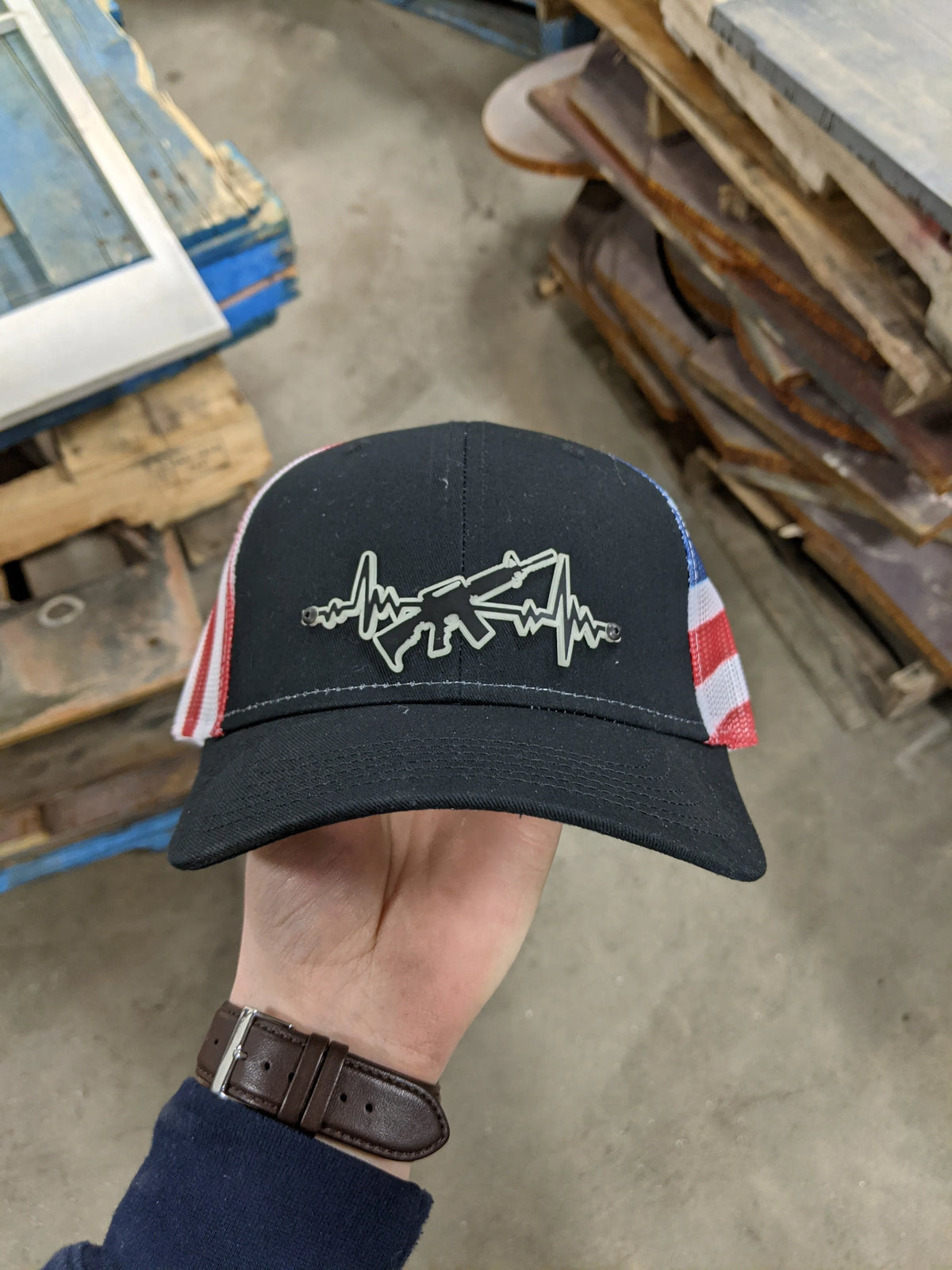 AR Heartbeat Badge Hat - Black and Glow on Stars and Stripes
