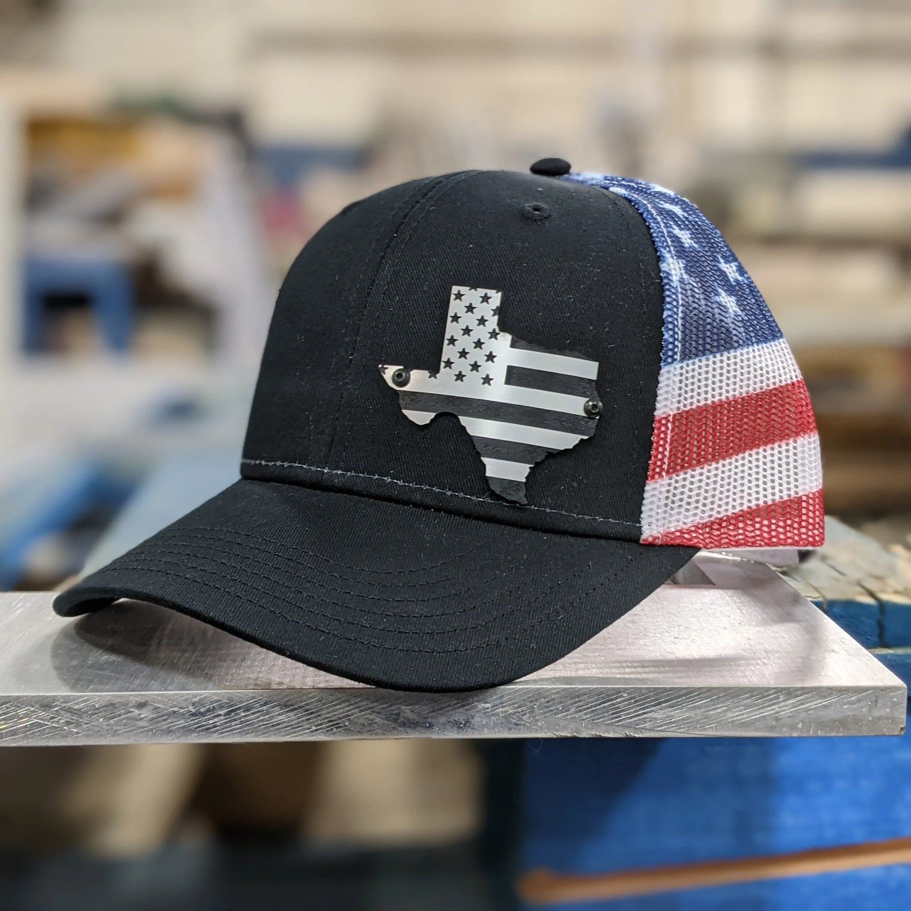 Texas American Flag Badge Hat - Brushed Stainless and Black Badge