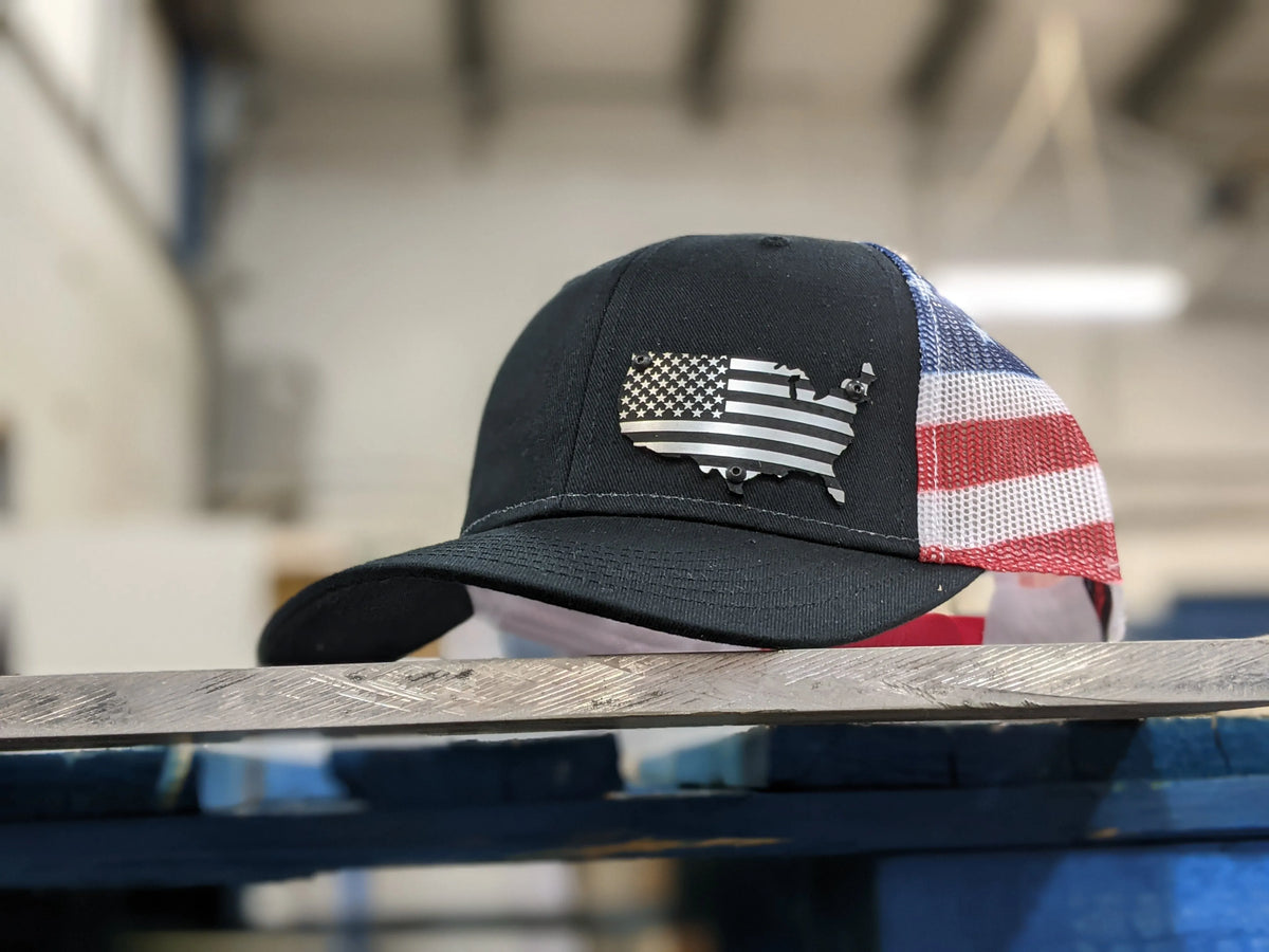 USA American Flag Badge Hat - Brushed Stainless and Black Badge