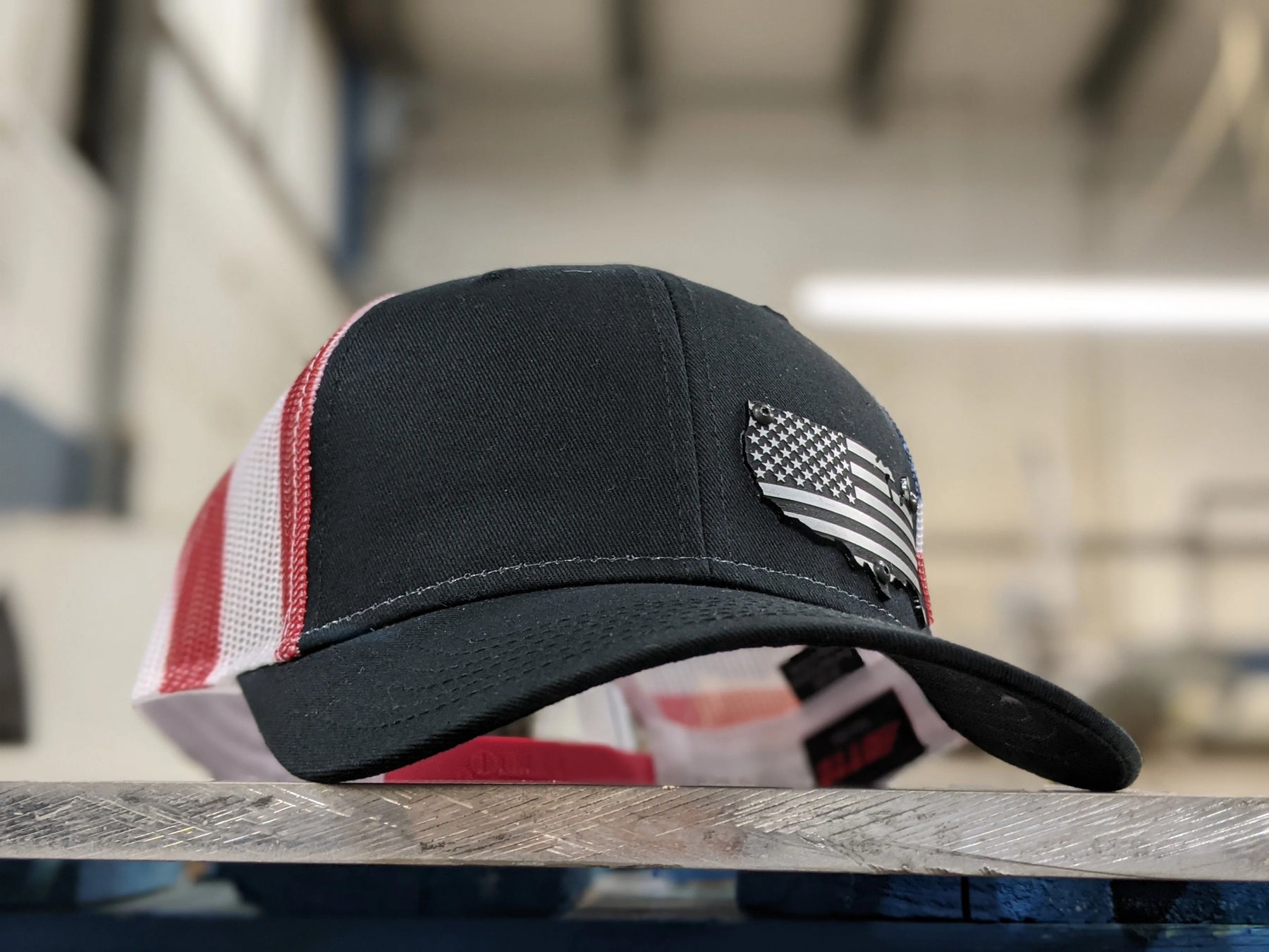 USA American Flag Badge Hat - Brushed Stainless and Black Badge