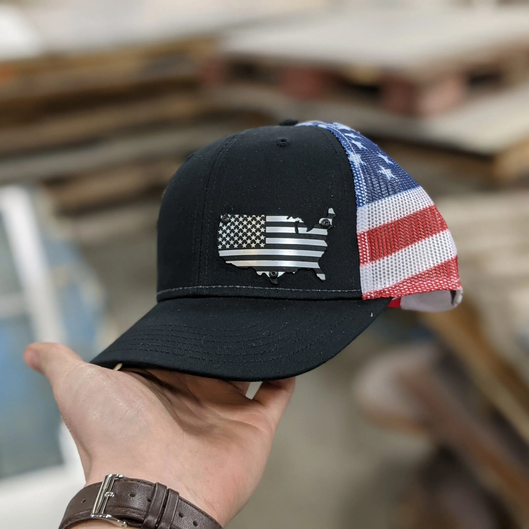 USA American Flag Badge Hat - Brushed Stainless and Black Badge