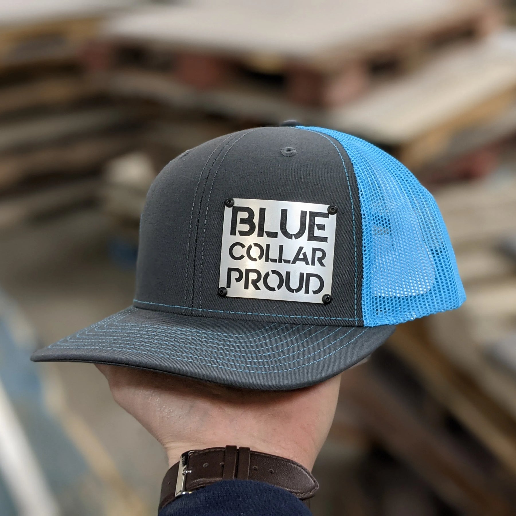 Blue Collar Proud Badge Hat - Brushed Stainless and Black Badge