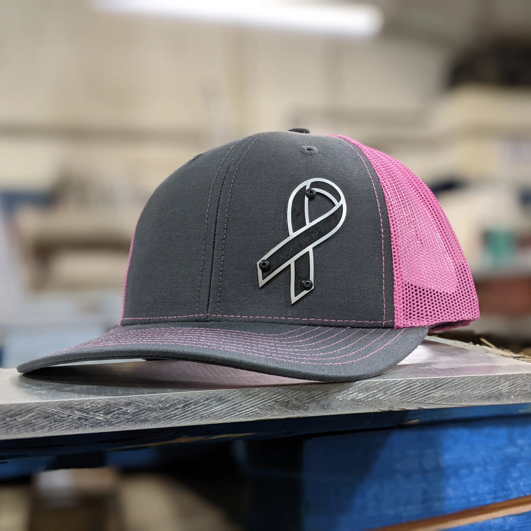 Breast Cancer Awareness Badge Hat Black and Brushed Stainless Badge