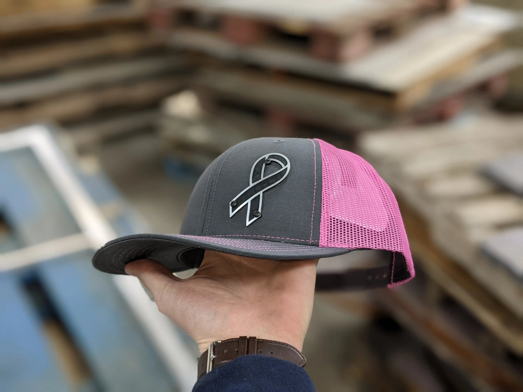 Breast Cancer Awareness Badge Hat - Black and Brushed Stainless Badge